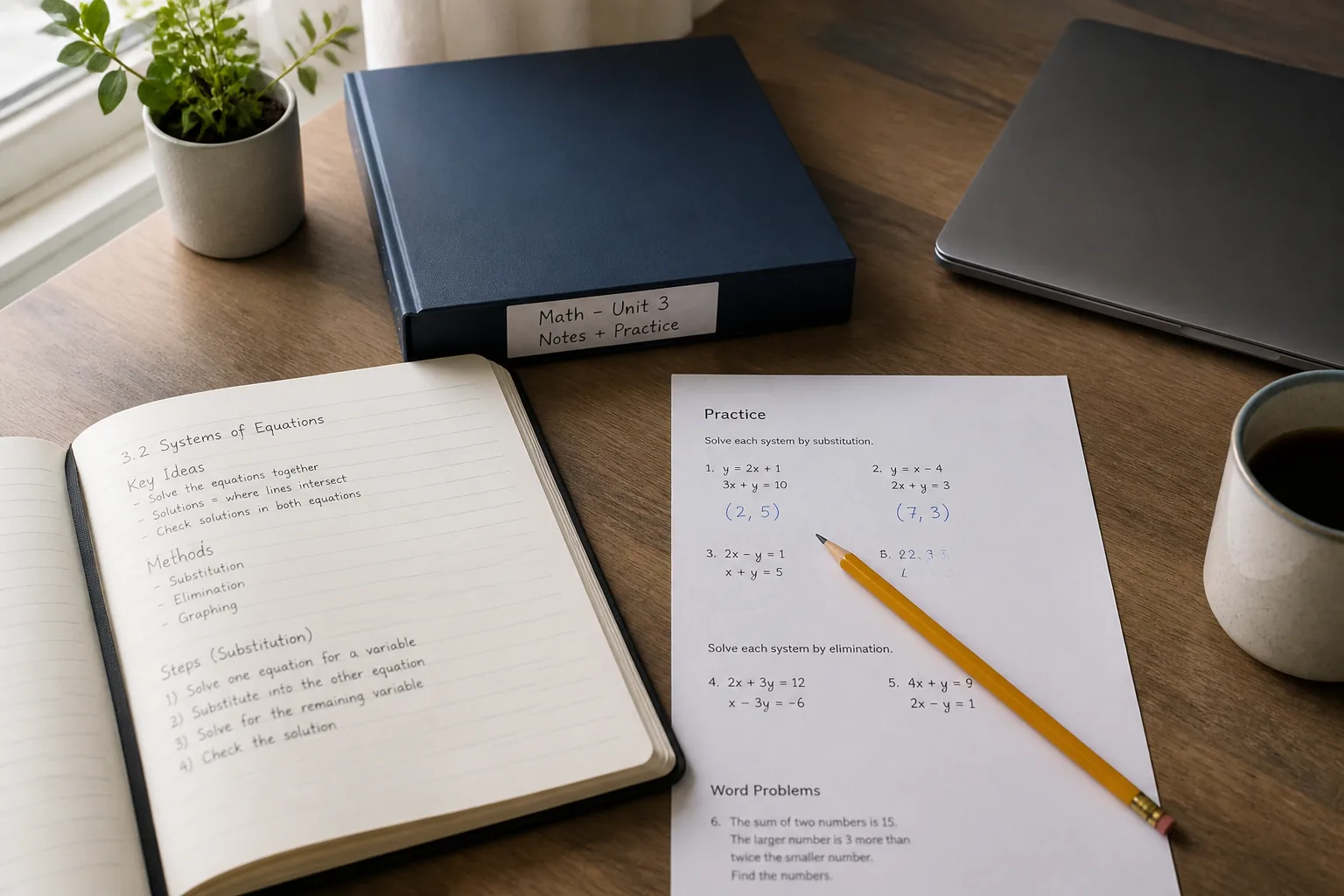Notebook, practice sheet, and organized study material on a desk