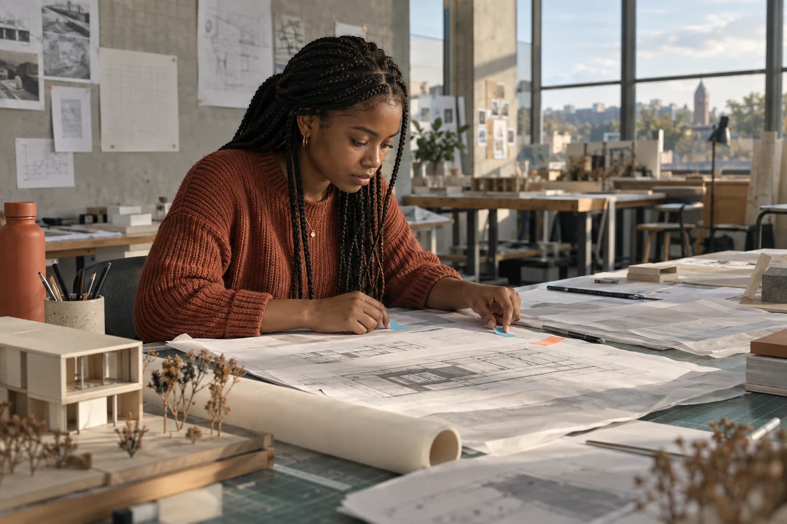 Architecture student reviewing her own assignment with colored tabs in a bright design studio