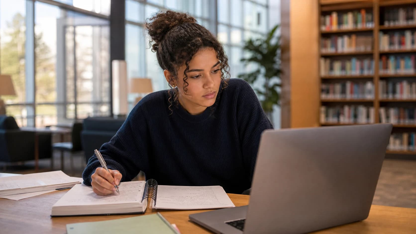University student using a laptop and notebook for responsible AI assisted homework in a bright library