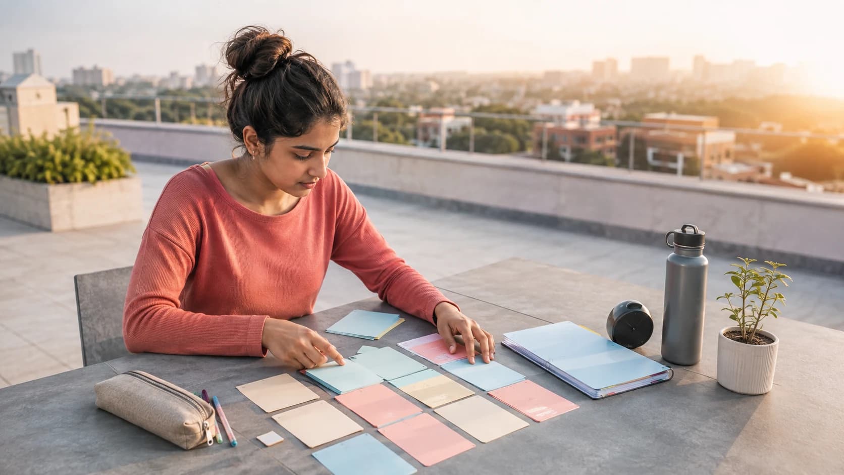 University student arranging blank study cards into a realistic exam plan on a rooftop terrace