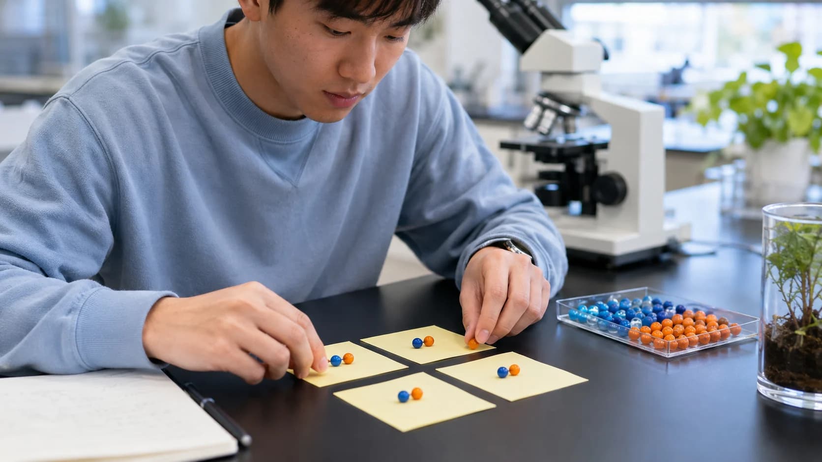 Biology student using two colors of beads to model allele pairs separating into gametes
