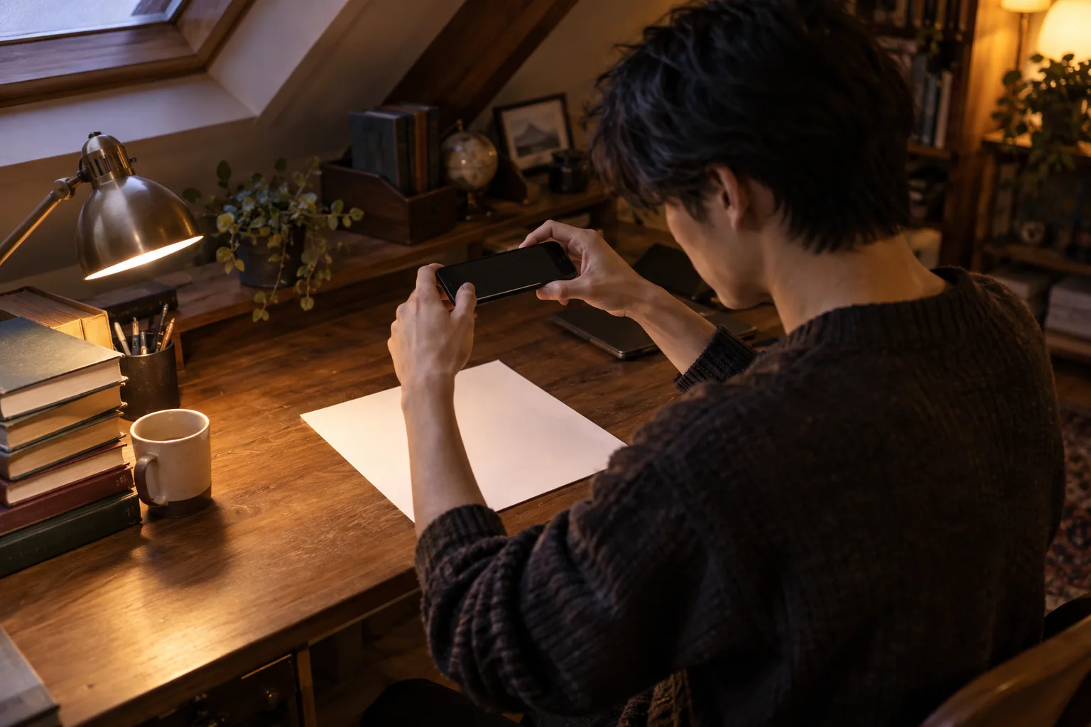 画面を見せずに理科の問題用紙全体をスマートフォンで撮影する学生