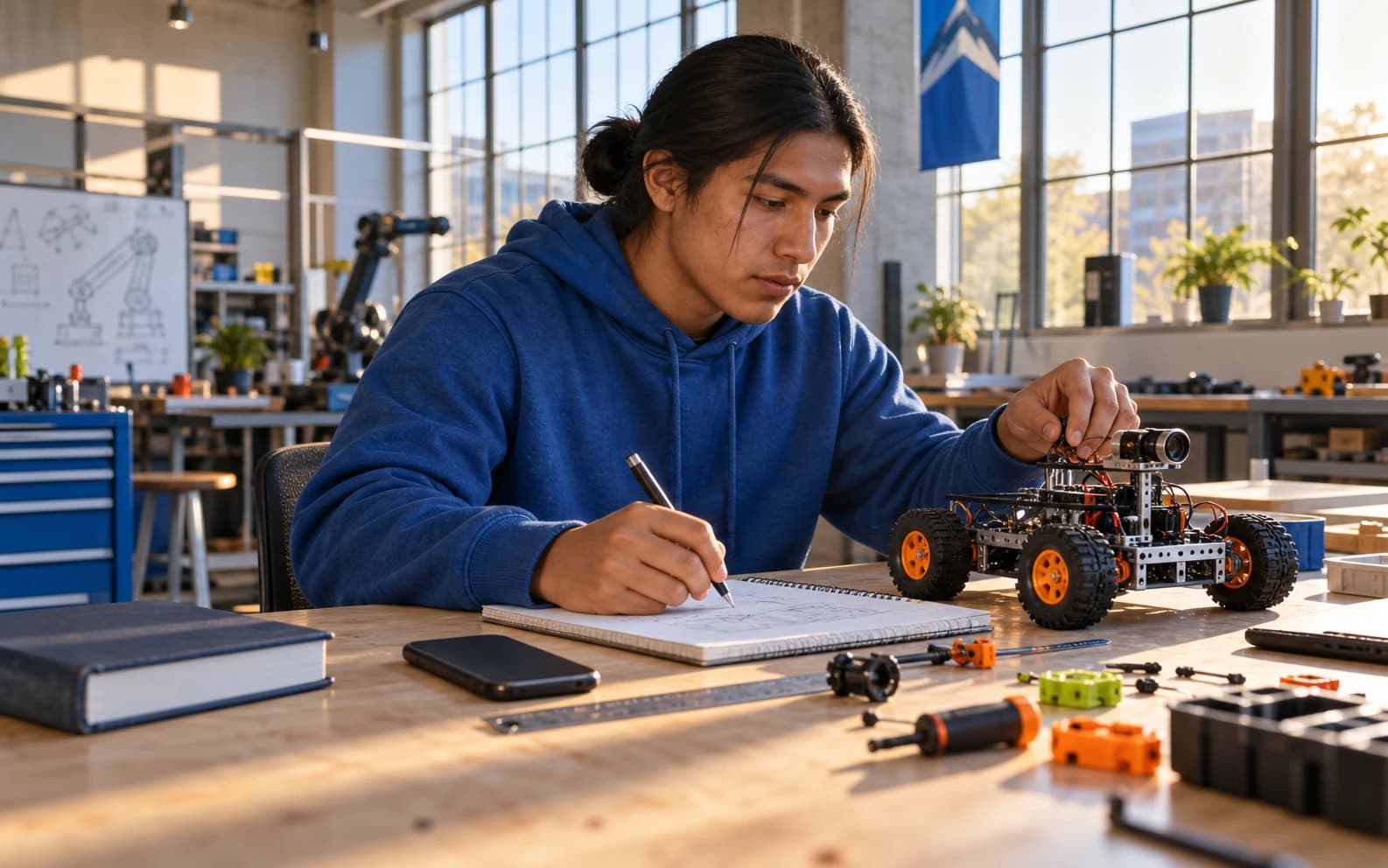 University engineering student working through an assignment with a notebook and a small robotics model