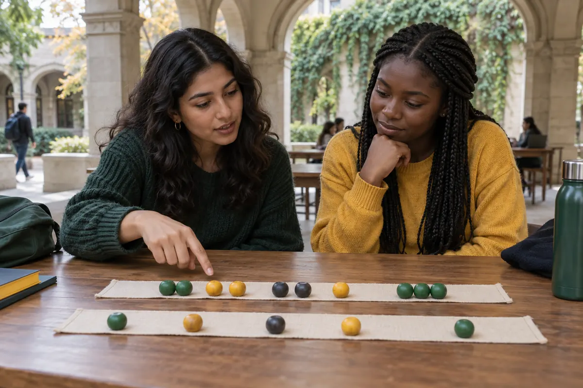 Two students comparing separate unmarked bead arrangements for data spread in a covered courtyard