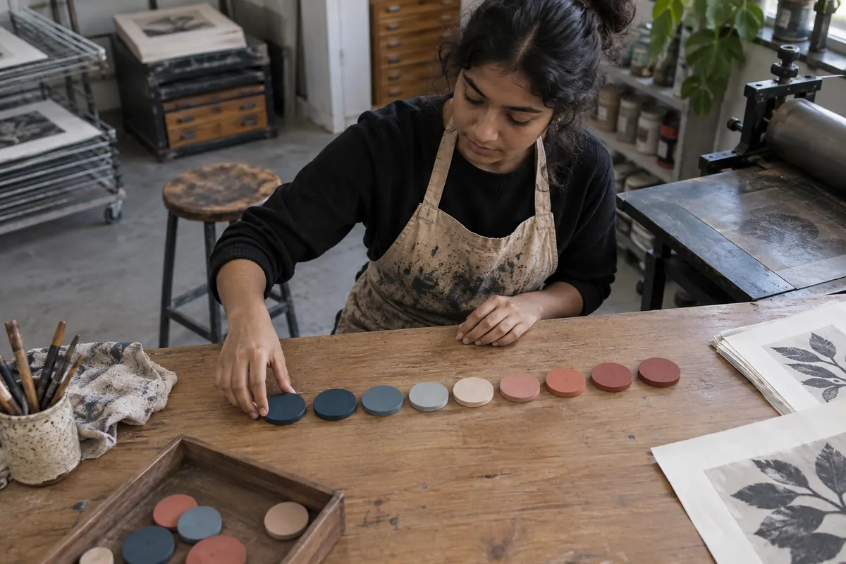 Student arranging unnumbered colored discs in order at a printmaking table