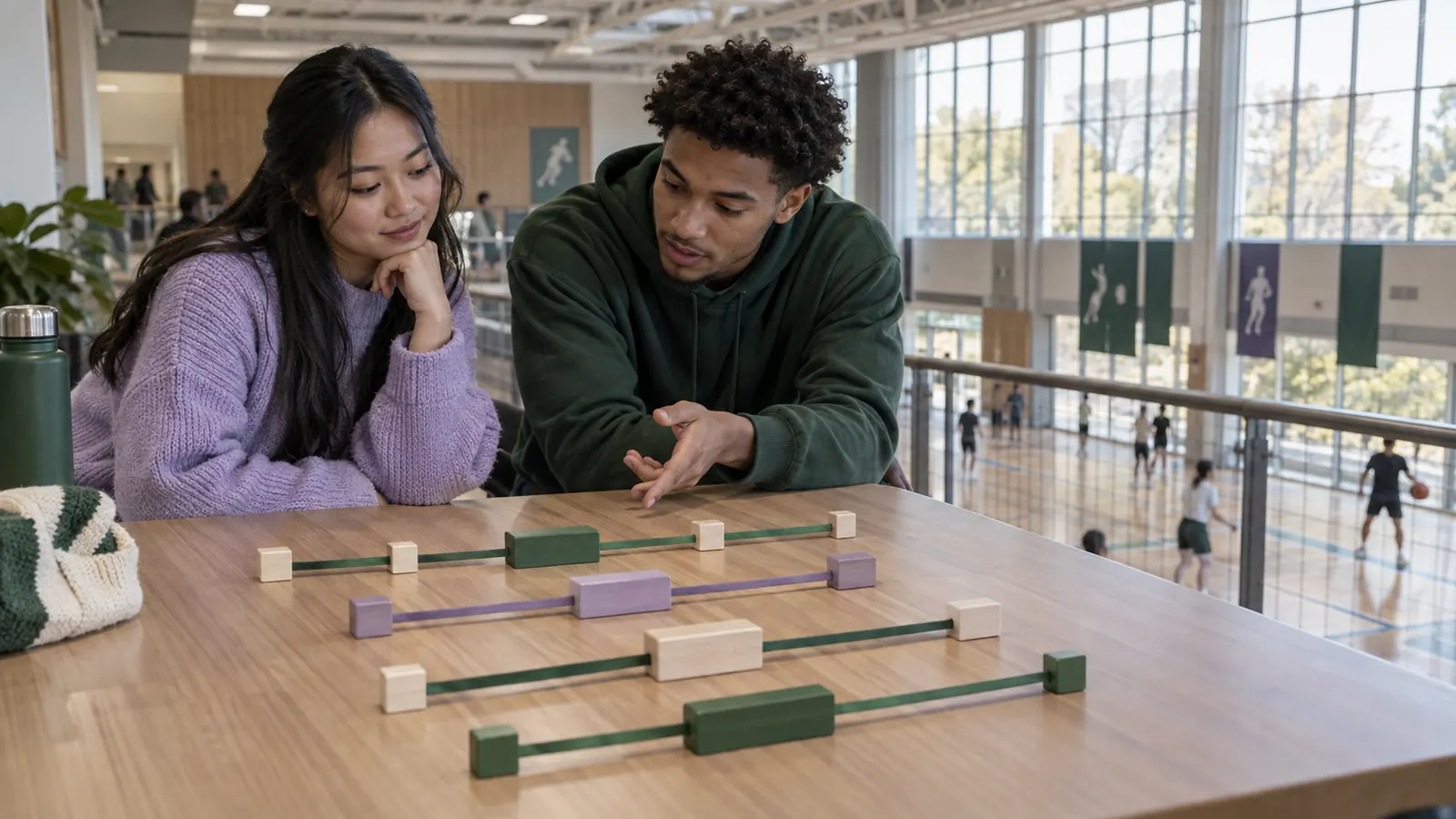Two university students comparing unlabelled wooden representations of data spread in a sports hall mezzanine