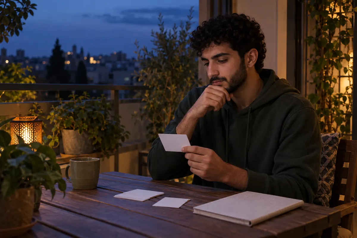 Student reviewing a blank practice card on a balcony after studying box plots