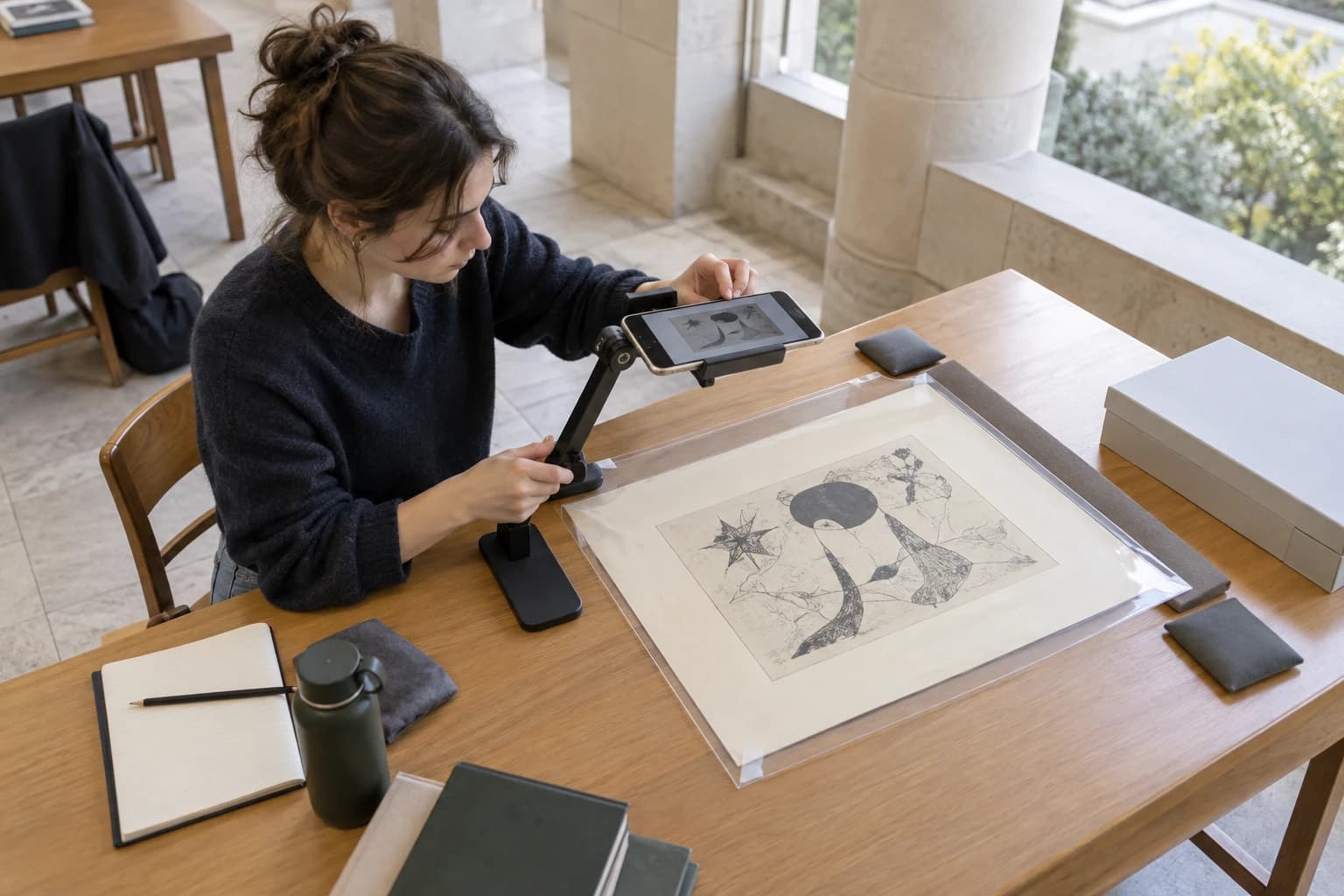 Student using a phone stand to capture the full edges of an archival cartoon print without glare