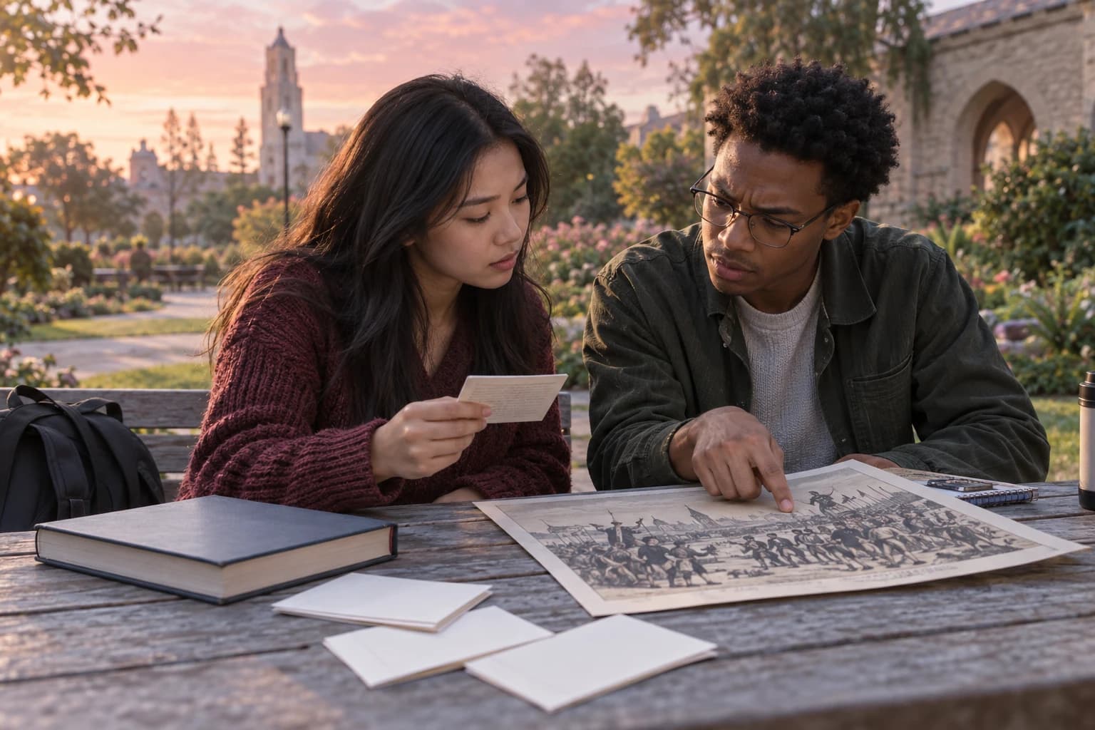 Two university students checking a historical print against source notes and unmarked timeline cards
