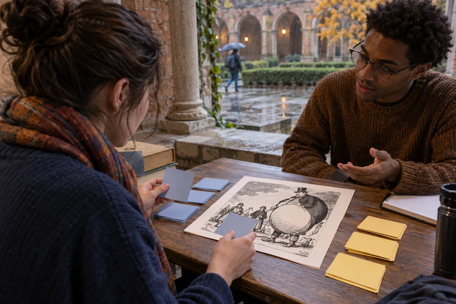 Students sorting blank evidence and interpretation cards beside a historical cartoon print