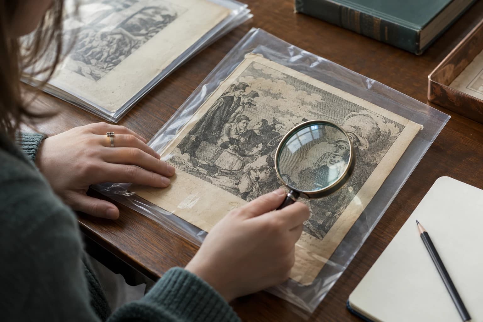 Student examining the physical details of a historical cartoon print with a magnifying glass