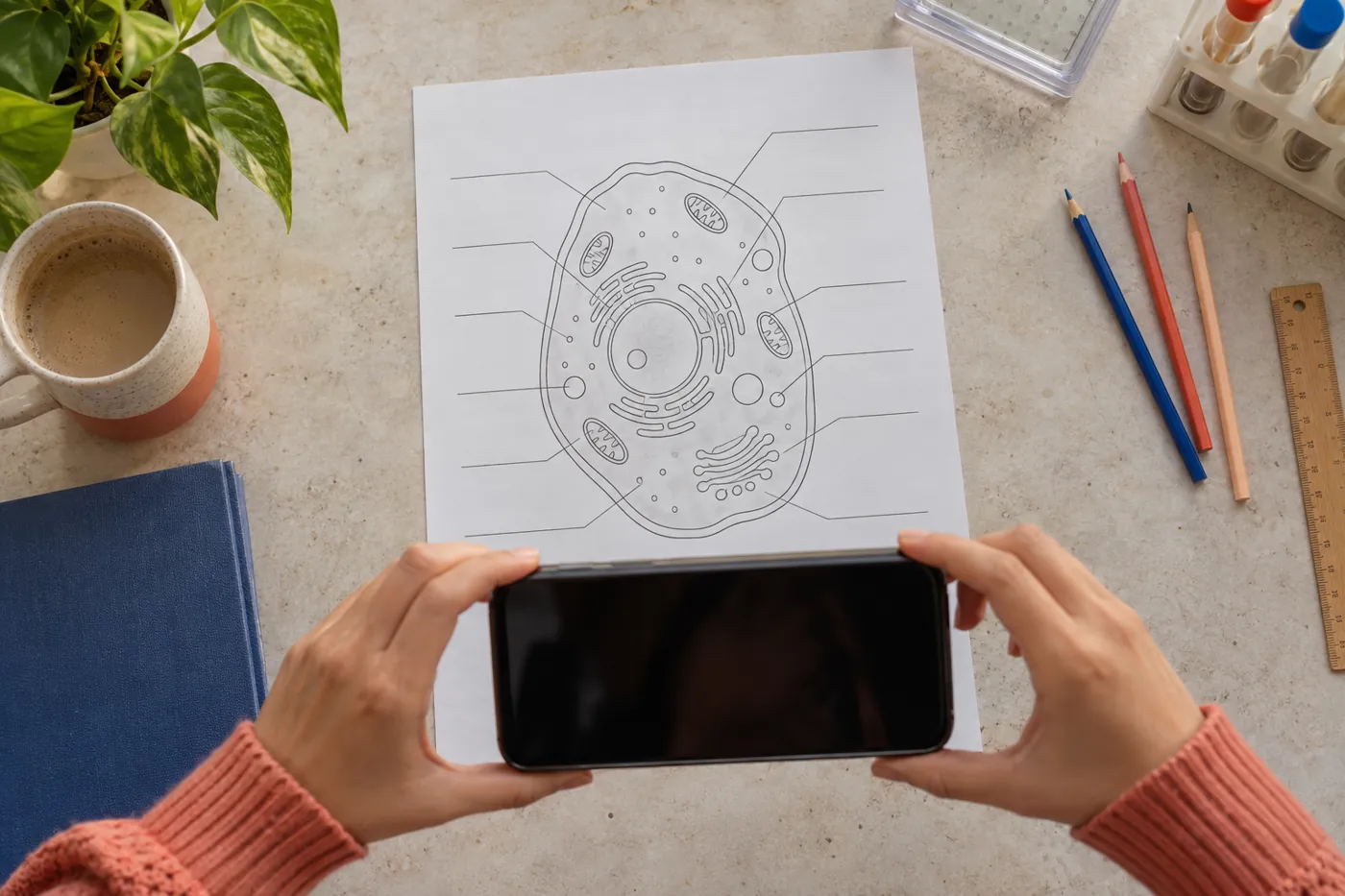 Overhead view of a student photographing a complete unlabeled cell worksheet with the phone screen dark