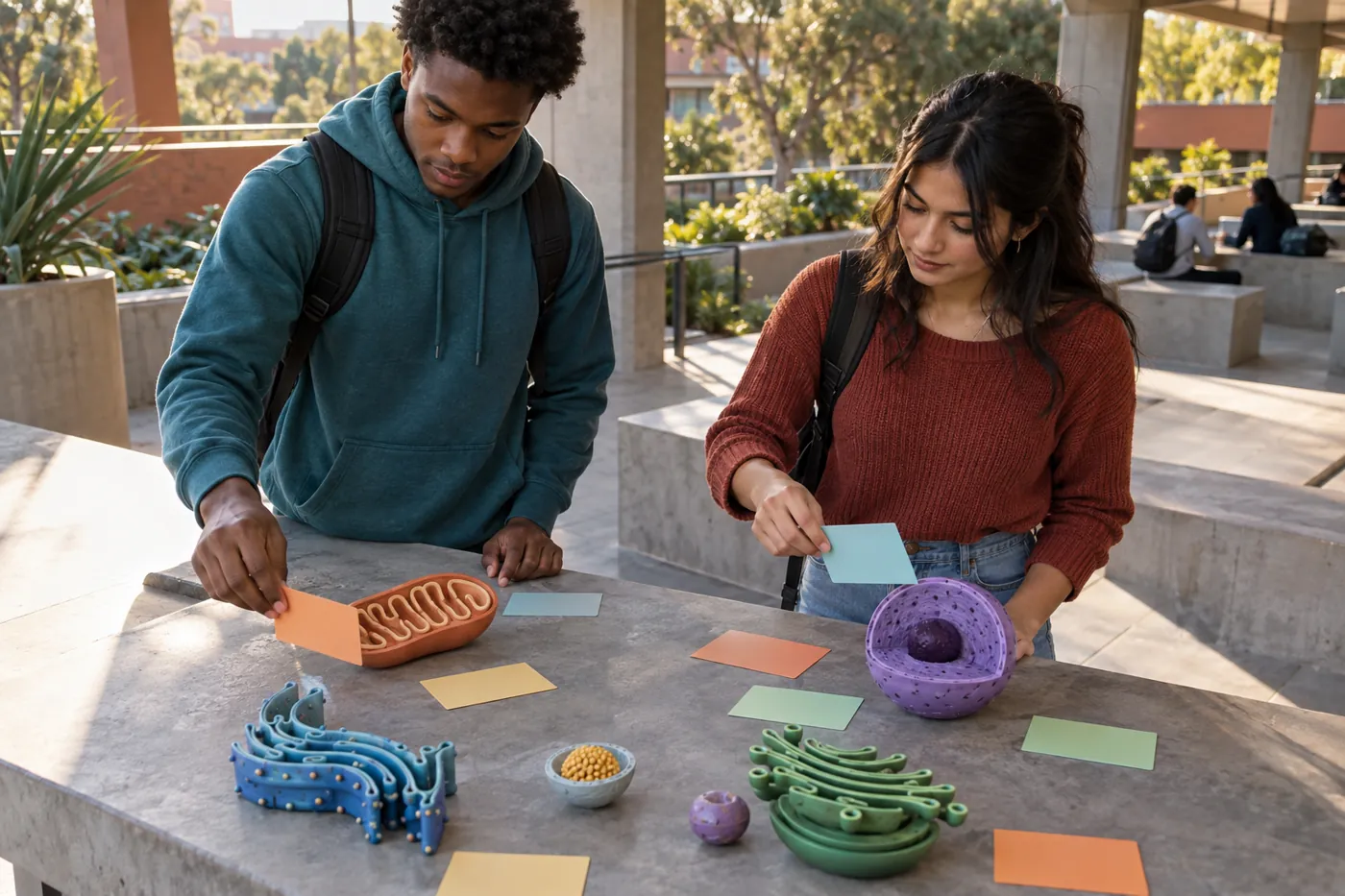Two university students sorting blank function cards beside physical nucleus, mitochondrion, and membrane models on a campus terrace