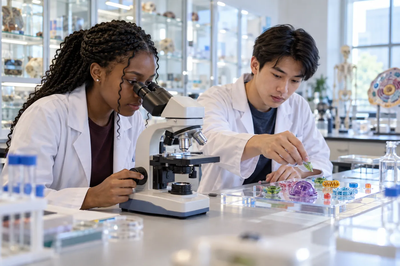 Two university biology students using a teaching microscope and translucent organelle models in a bright laboratory