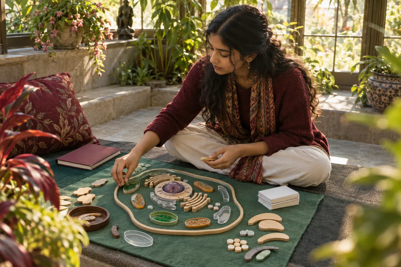 University student rebuilding a cell from wooden organelle pieces with blank quiz cards in a botanical conservatory