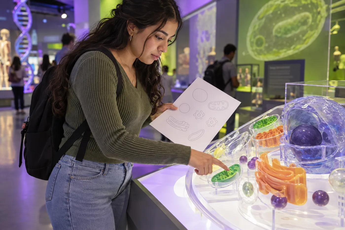 University student comparing a blank cell worksheet with a translucent physical organelle model in a biology gallery