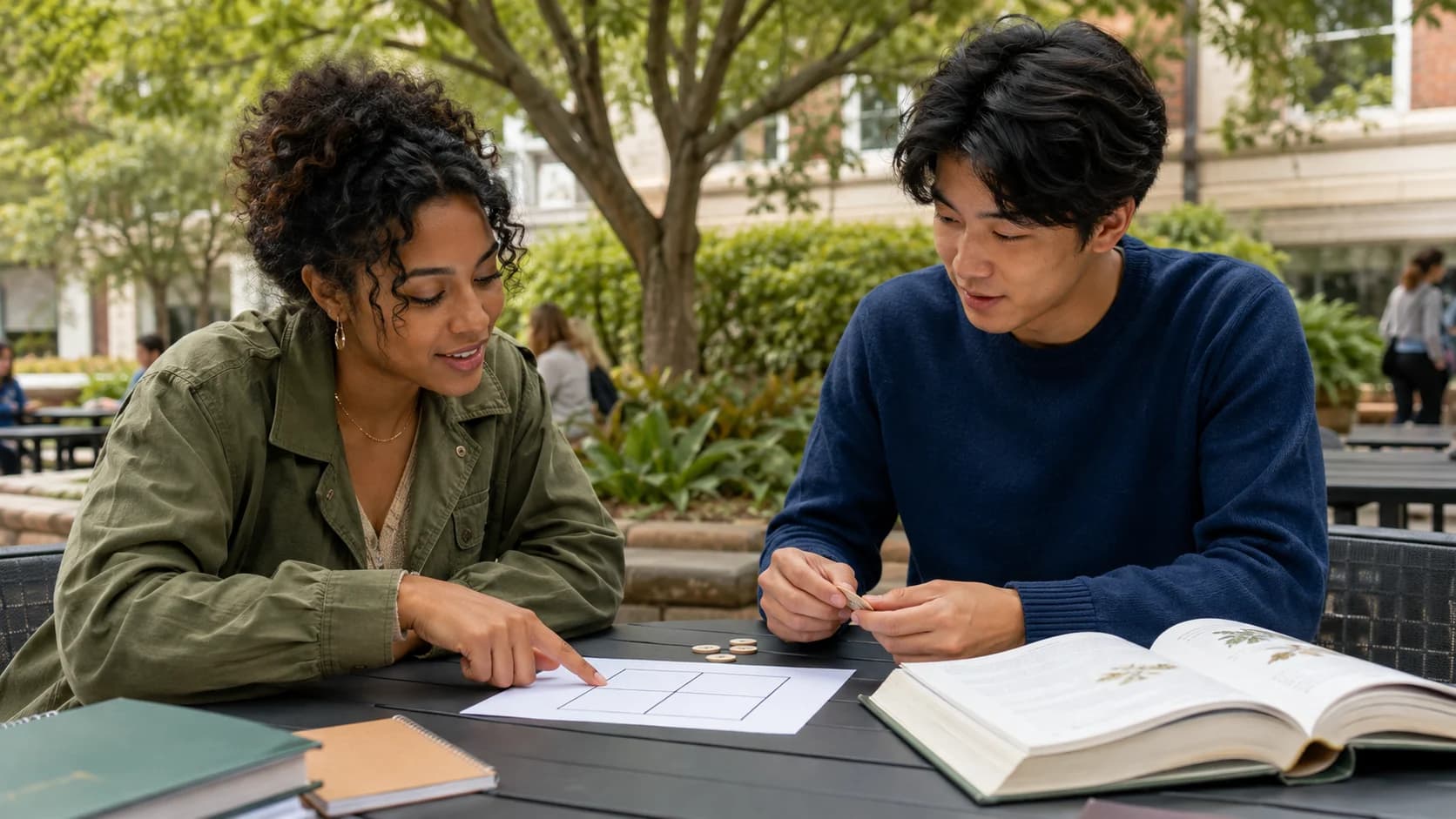 Two biology students checking an empty genetics grid against a reference book and neutral tokens