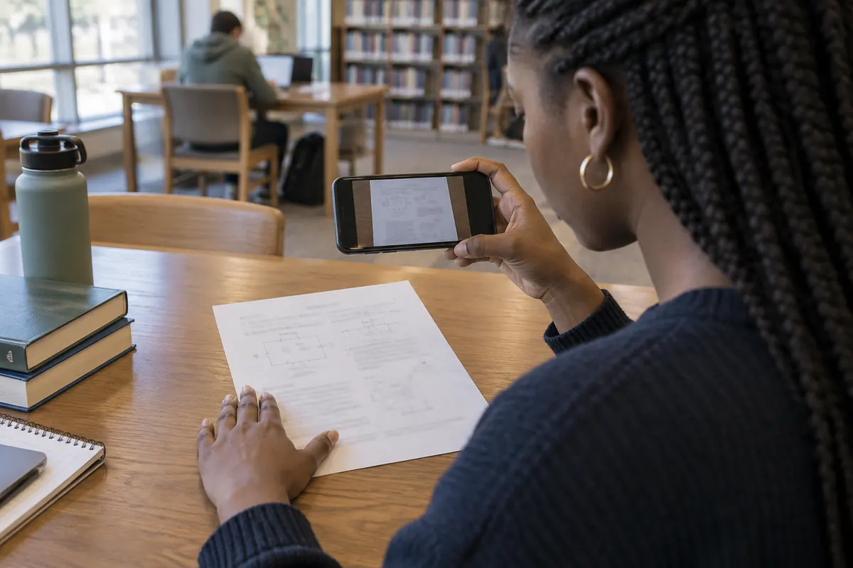Student photographing a complete but unreadable physics worksheet in a campus library
