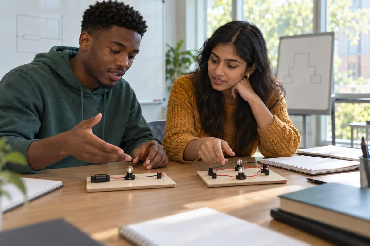Two students comparing an unpowered single-path circuit board with a branching circuit board