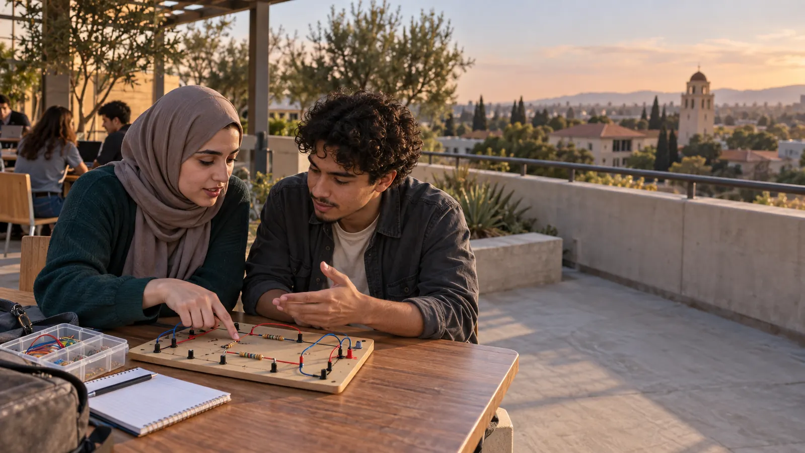 Two university students discussing an unpowered low-voltage circuit training board on an outdoor workshop terrace