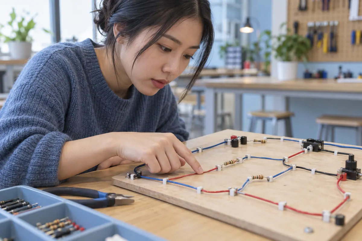 Student following insulated wire paths on an unpowered circuit board
