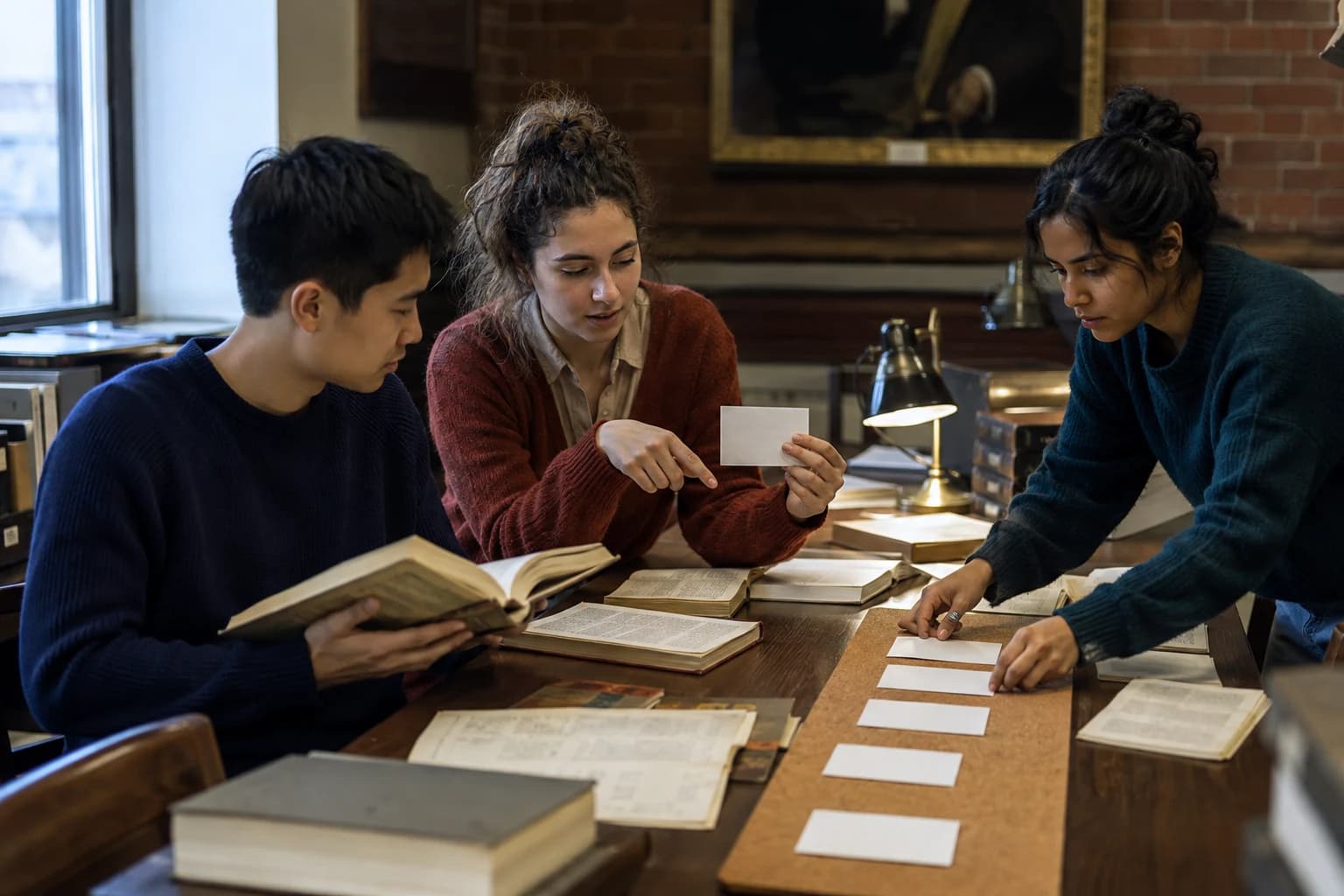 Three university students tracing an essay claim to physical sources with blank archive cards