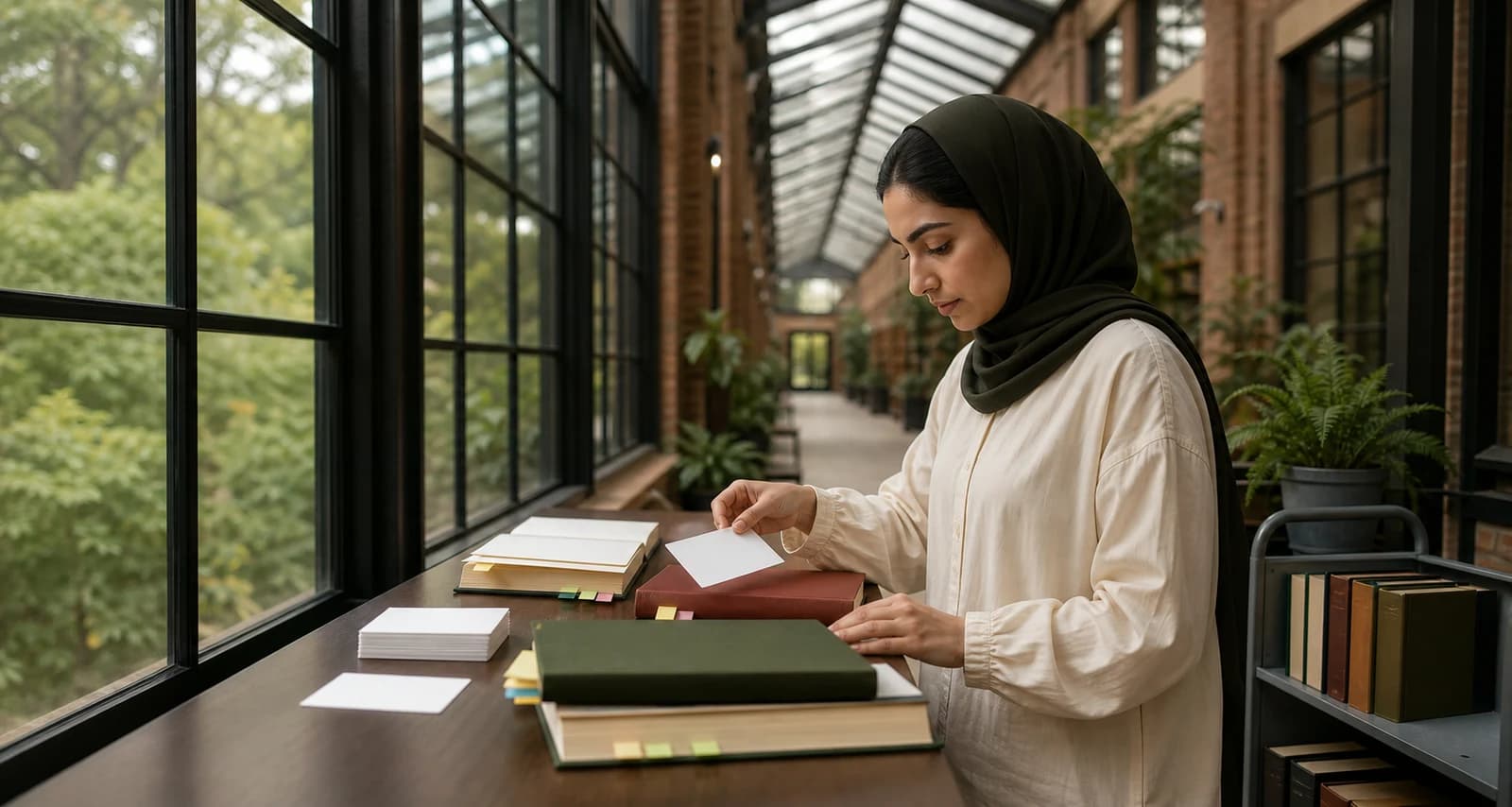 University student matching blank reference cards to tagged books during a final citation audit