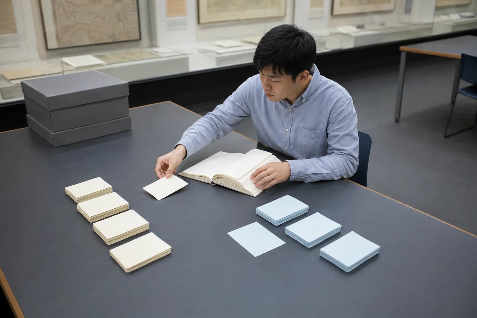 University student sorting blank evidence cards into two groups beside an open reference book