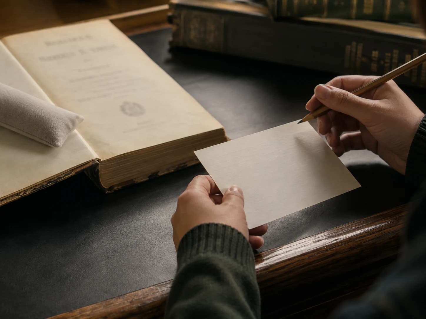 Close view of a student recording source details from an archive book on a blank reference card