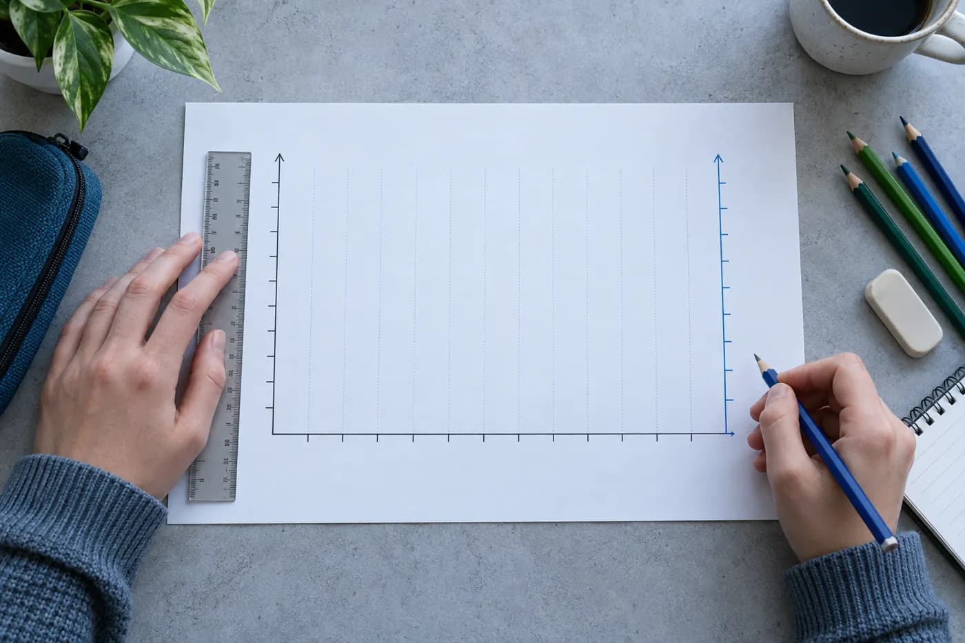 Overhead geography worksheet with a blank double-axis climate graph, ruler, pencil, and coloured markers