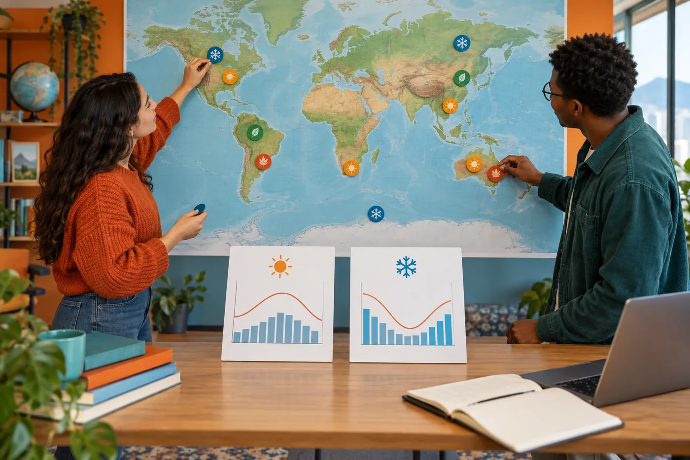 Two geography students comparing unlabelled climate graph cards beside a large world map