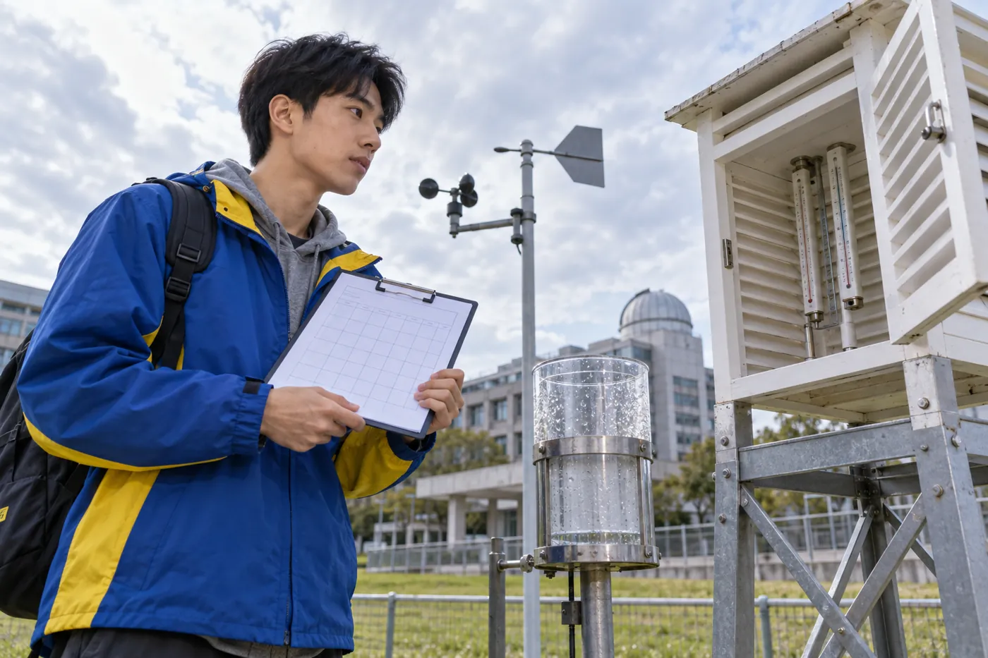University geography student recording weather-station observations with a clipboard beside a rain gauge