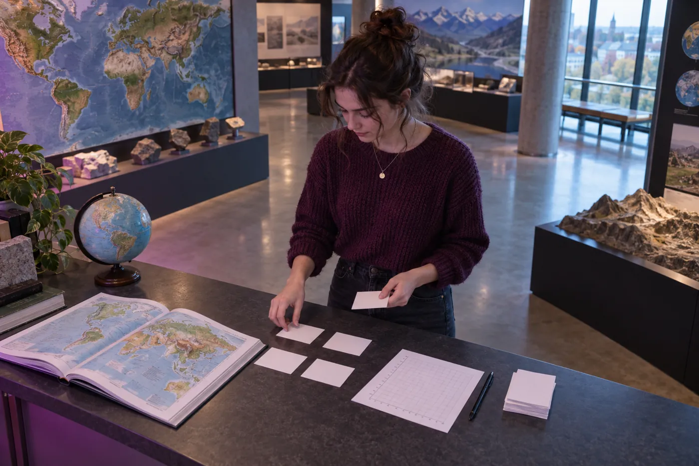 Geography student practising climate interpretation with an atlas, globe, and blank cards in a gallery-like study space