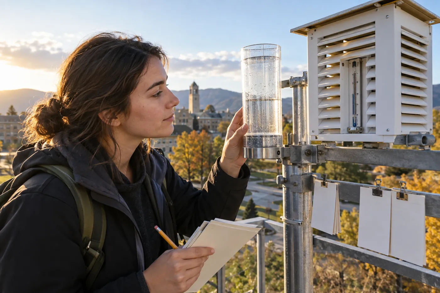 Student inspecting a transparent rain gauge at a campus weather station after light rain