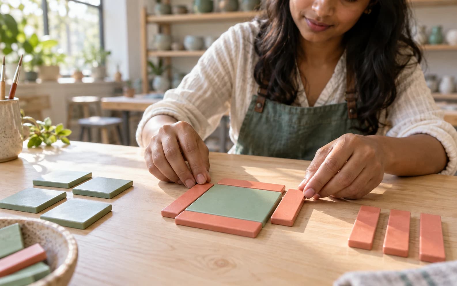 Student building a complete square with unmarked algebra tiles at a bright workshop table