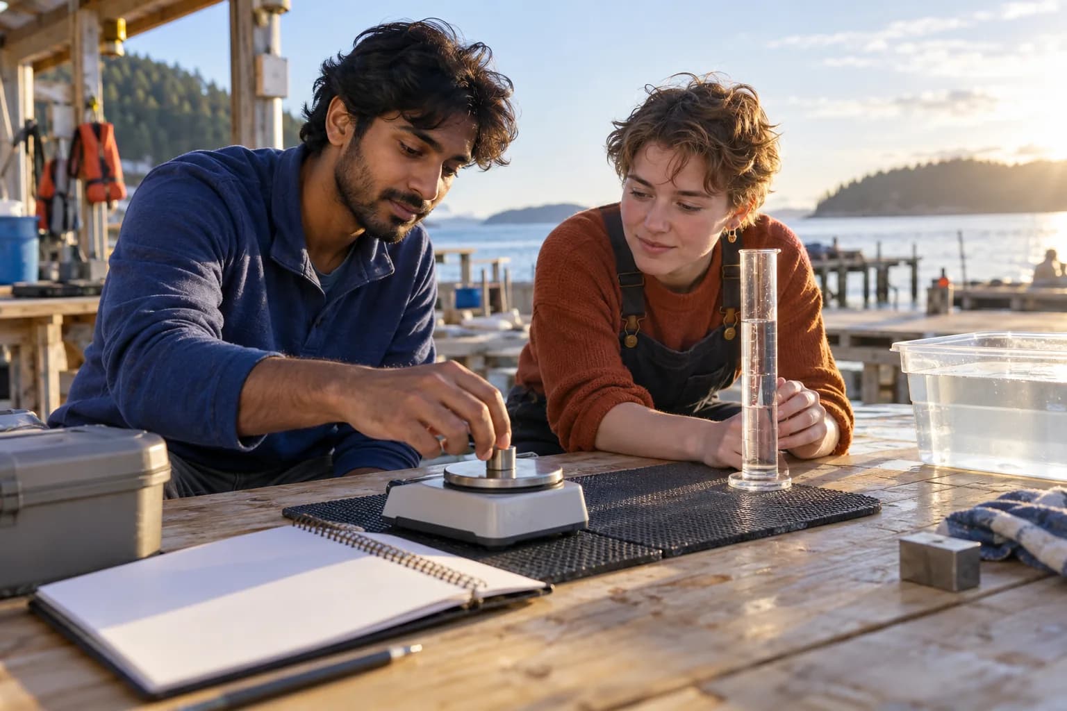 Twee studenten meten een metalen proefstuk en watervolume in een open technische werkplaats aan het water