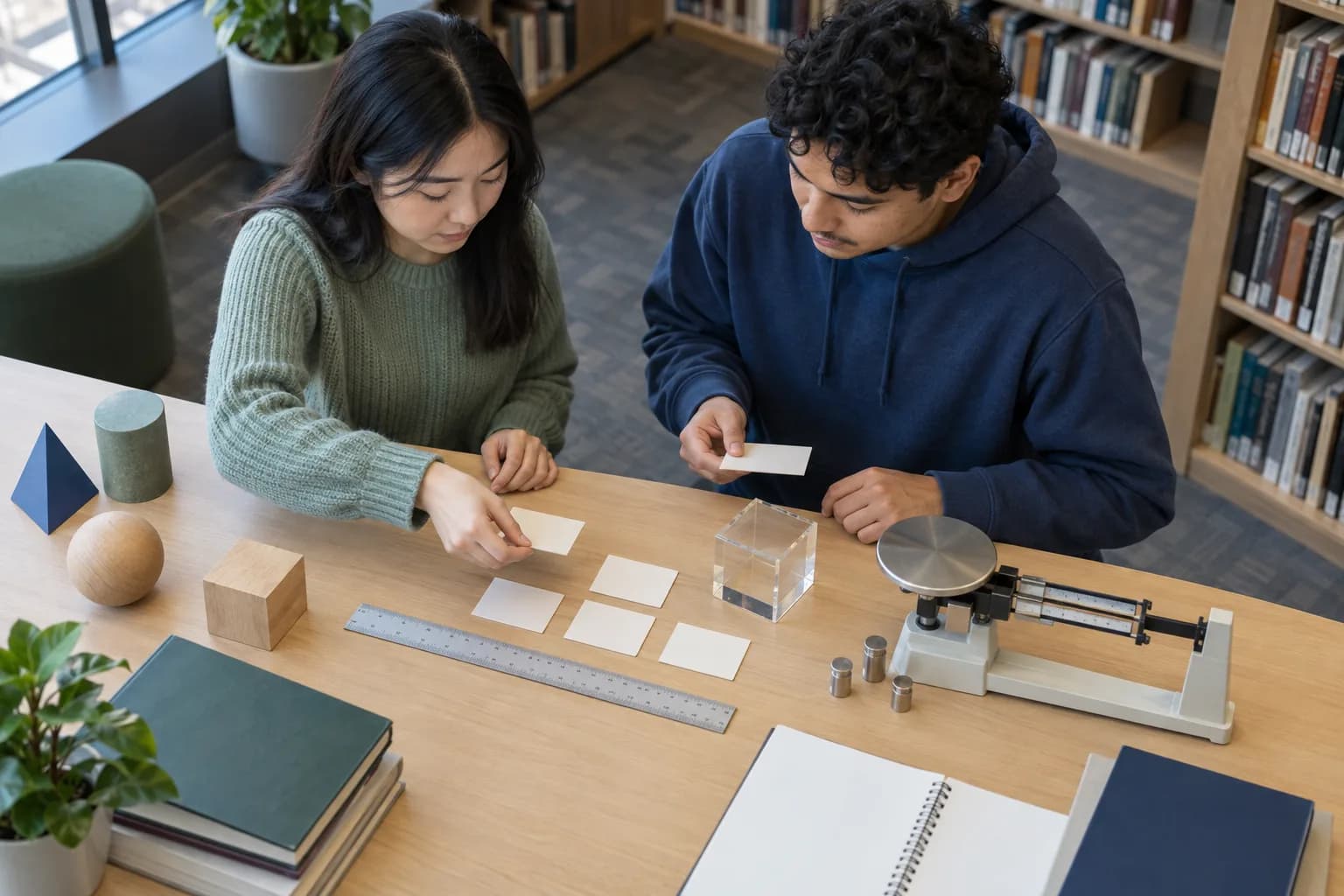 Twee studenten koppelen lege eenheidskaartjes aan een liniaal, balans en doorzichtige kubus in de bibliotheek