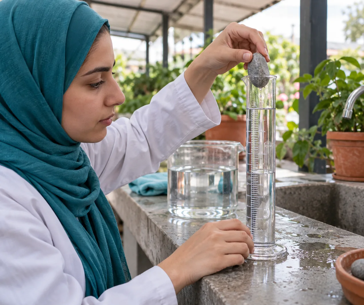 Student meet het volume van een onregelmatige steen door waterverplaatsing in een maatcilinder