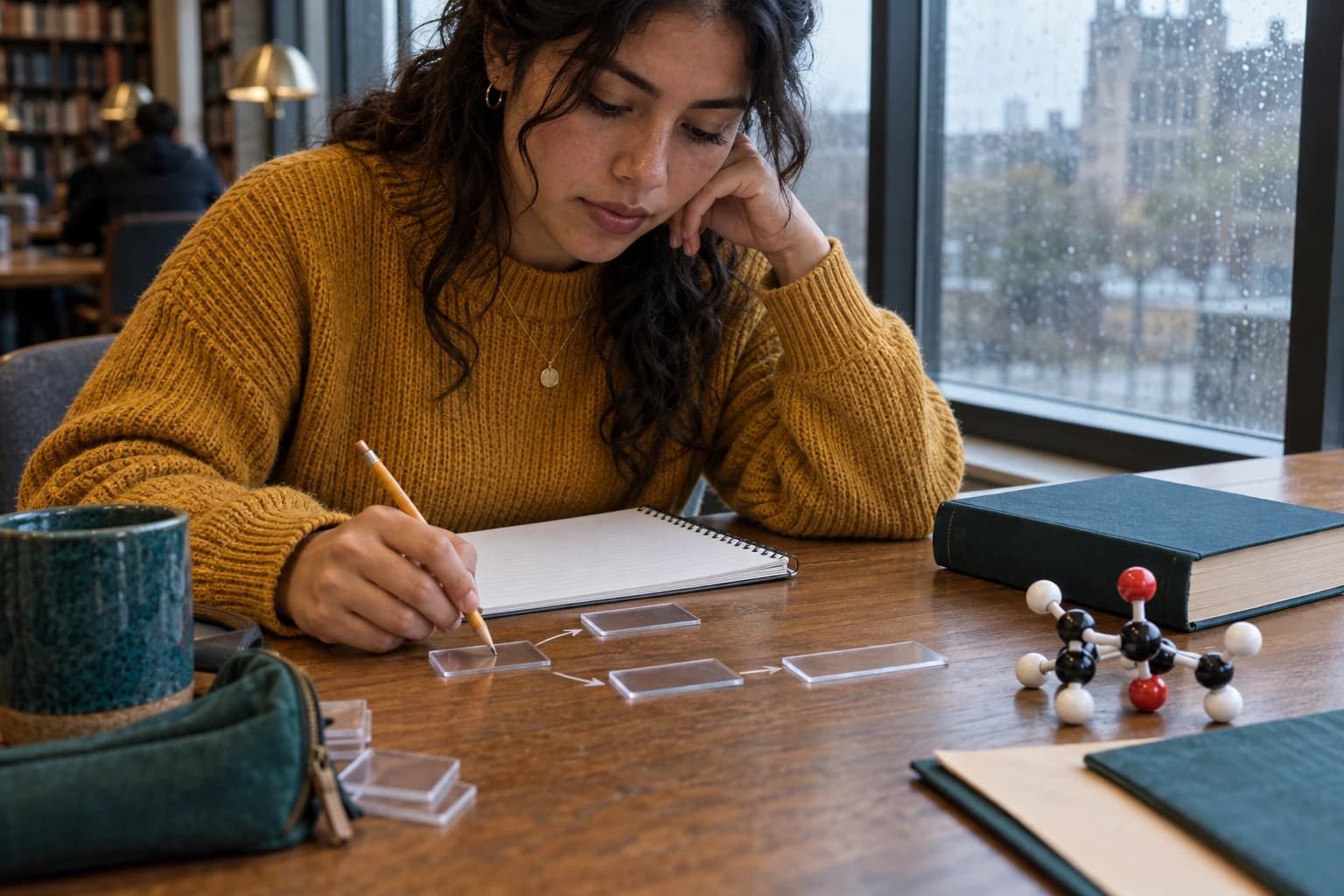 Student arranging blank translucent conversion tiles beside a molecular model to plan a chemistry unit path