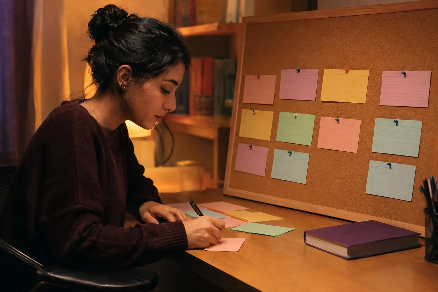 Student creating personalized English grammar practice with blank colored cards on a corkboard