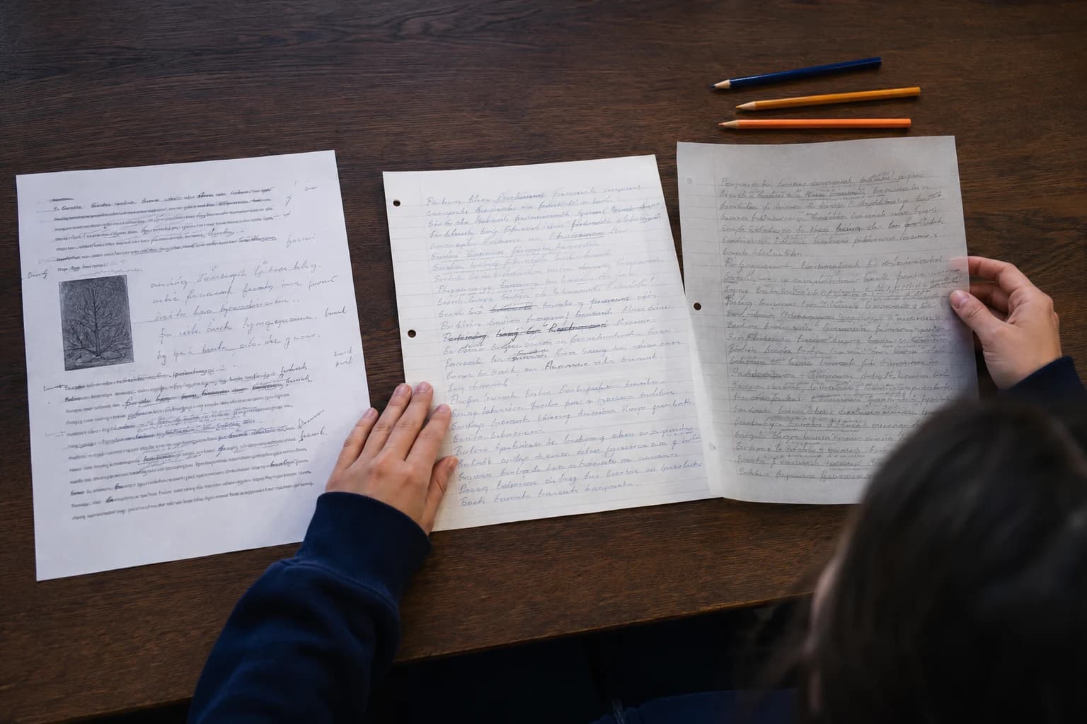 Overhead view of an English assignment, a handwritten first draft, and colored review pencils