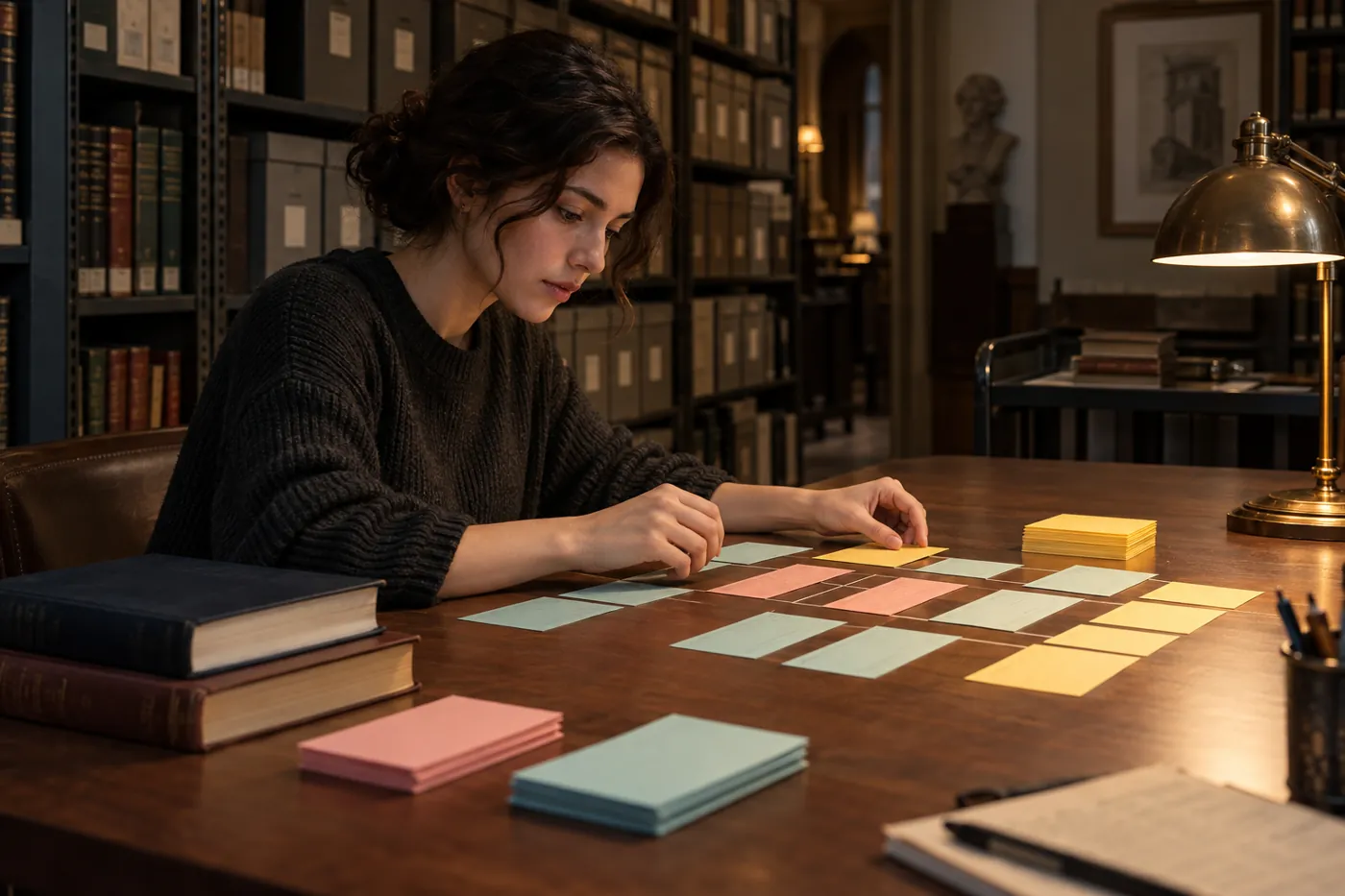 Student sorting blank claim and evidence cards beside closed source books in an archive reading room
