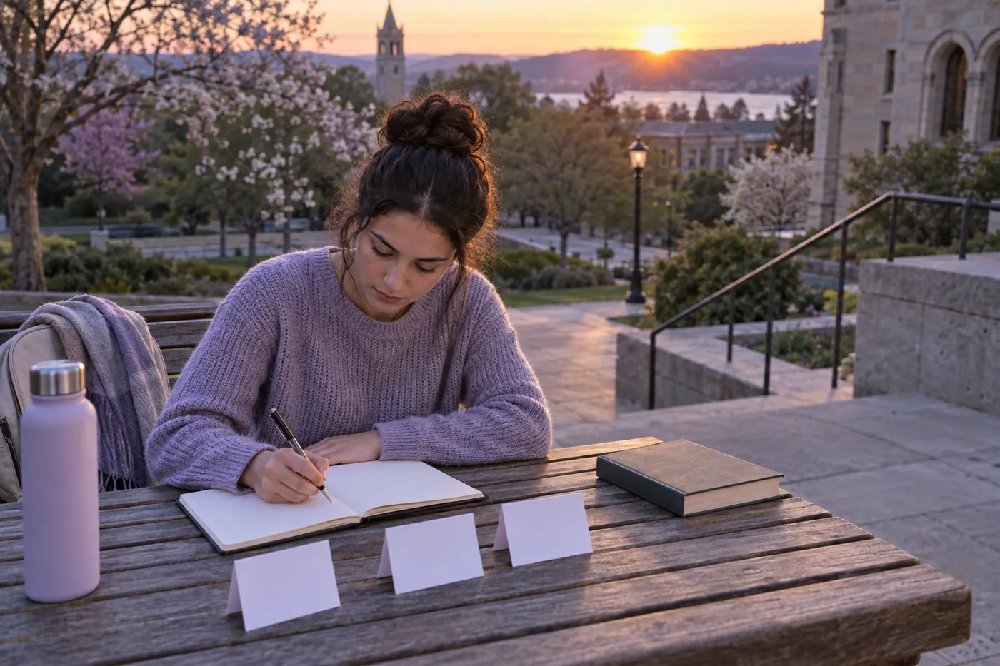 Student independently drafting from blank planning cards at an outdoor campus bench