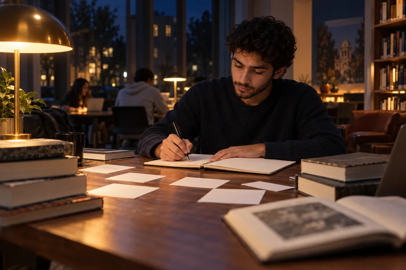 University student making an essay plan with blank note cards and books at an evening writing-center table