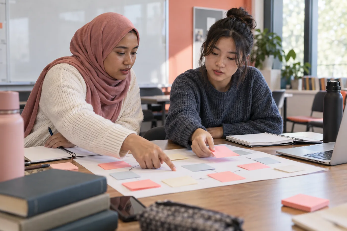Two students reviewing blank sticky-note positions in an essay plan at a seminar table