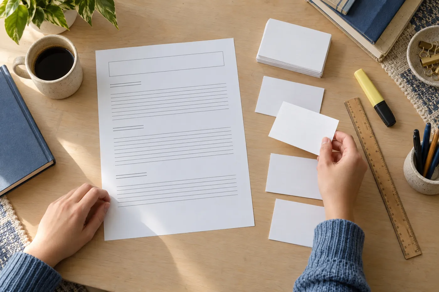 Overhead view of a complete blank essay assignment sheet with unmarked planning cards