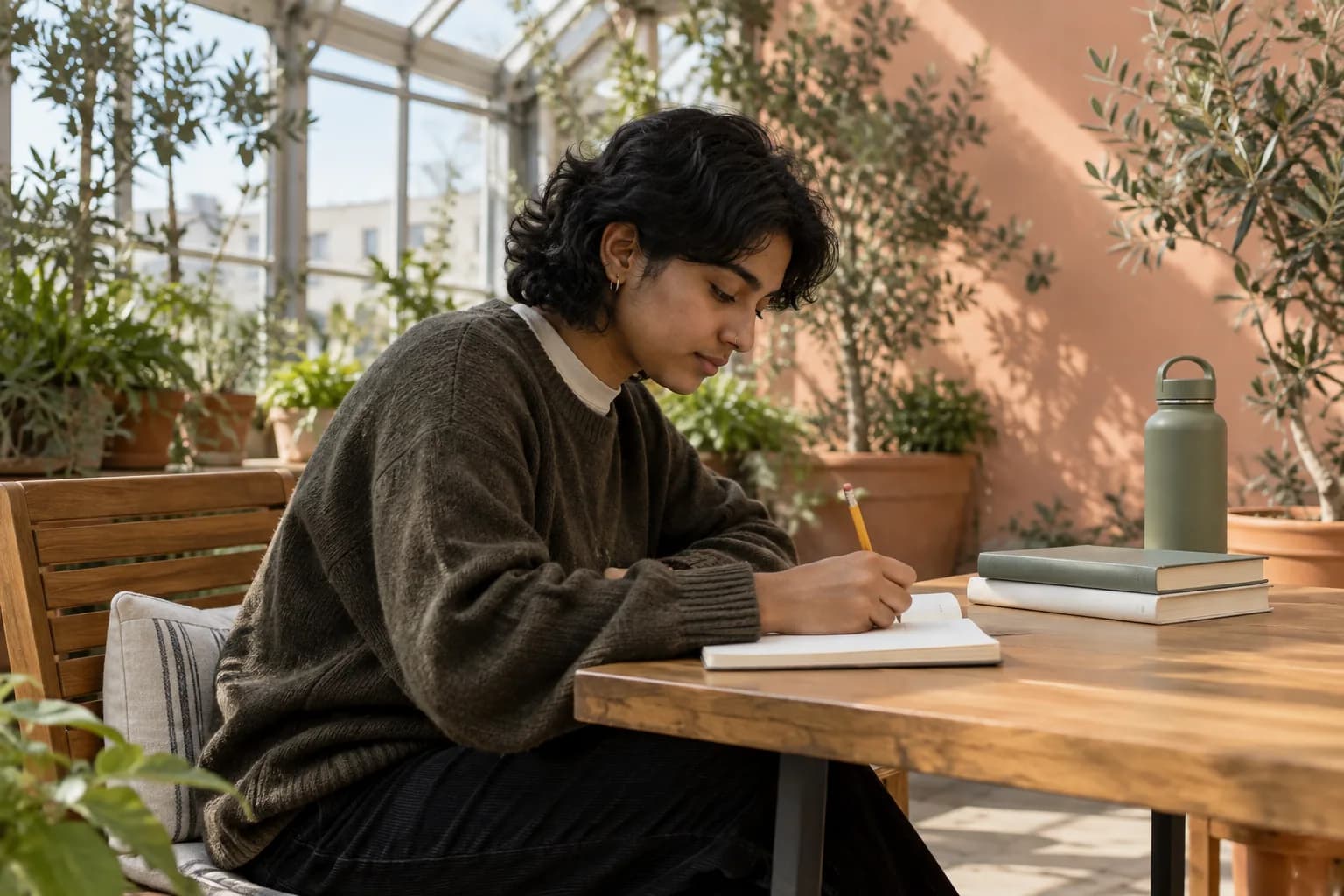Student writing a practice response in a quiet campus greenhouse nook