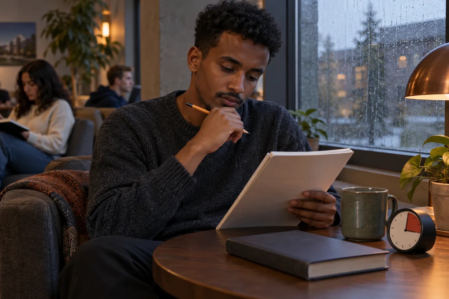Student reviewing a notebook response beside a timer in a campus lounge