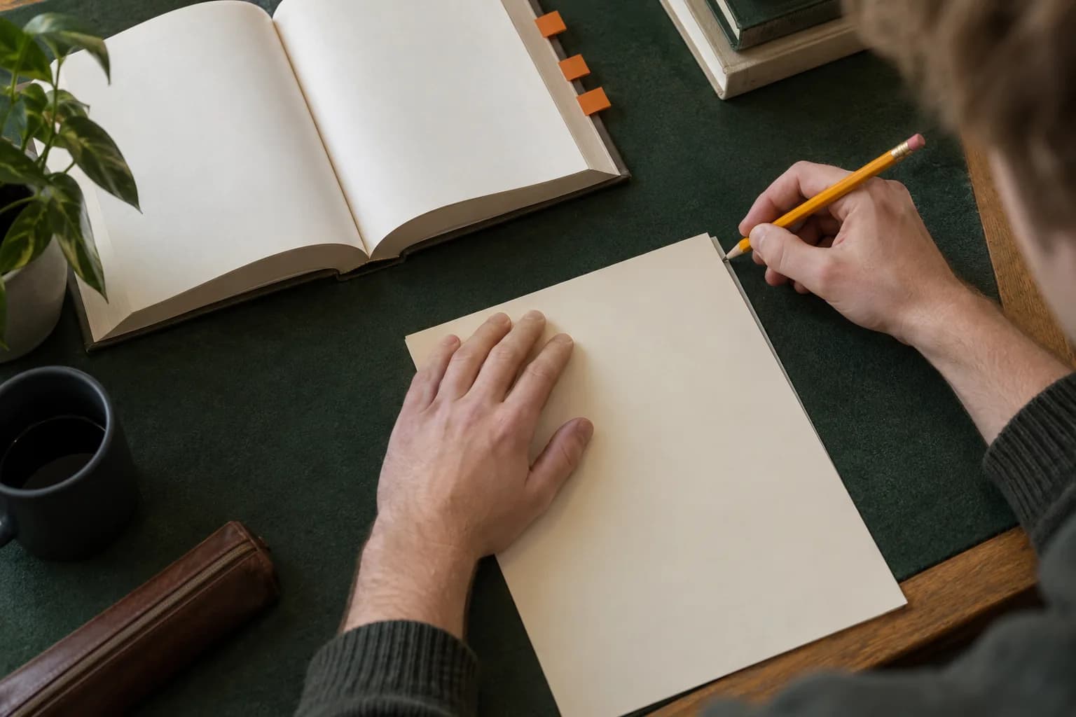 Hands following a blank assignment sheet with a pencil at a library desk