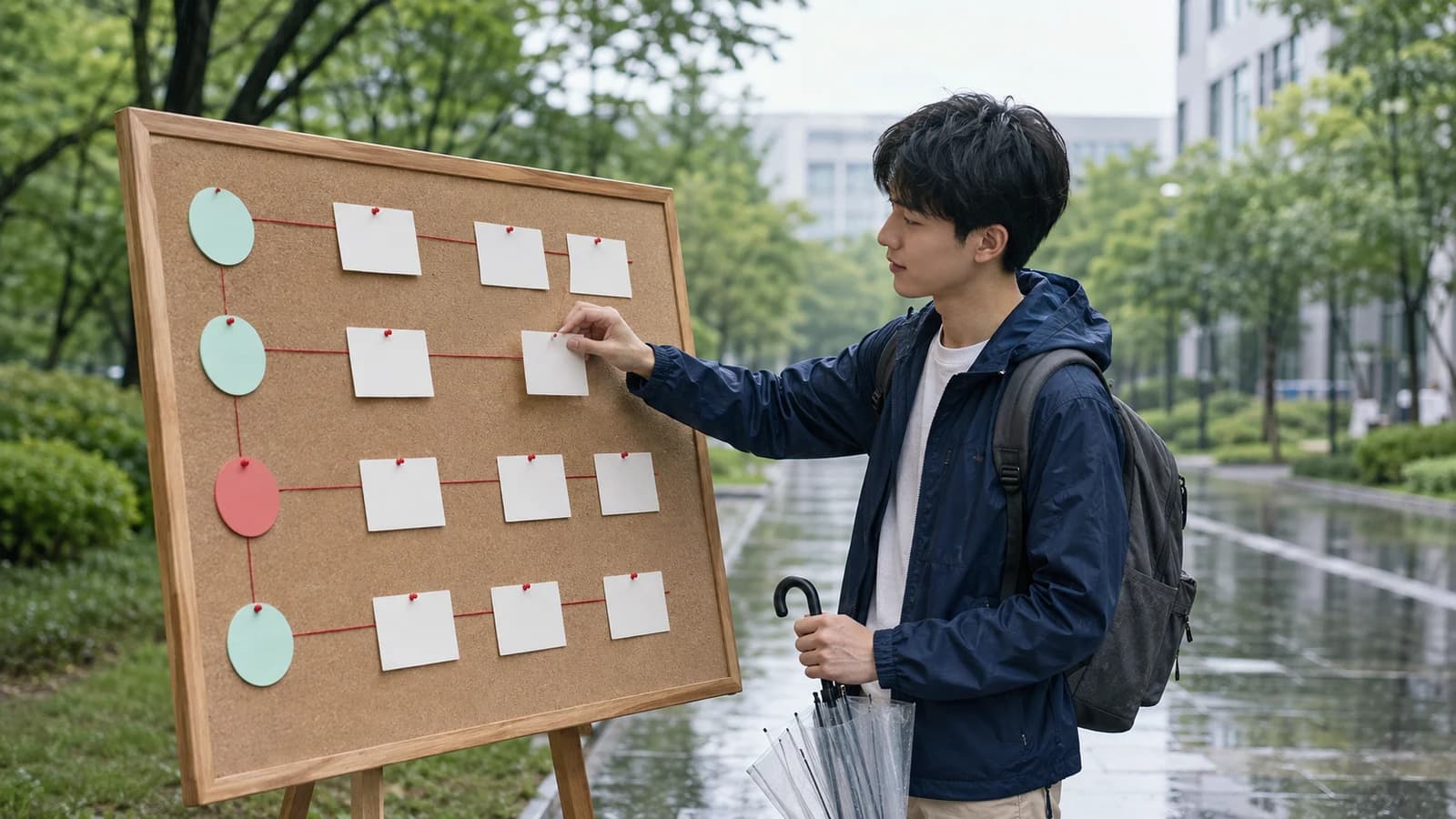 Student calmly moving one blank study card to a later slot after a rainy campus day